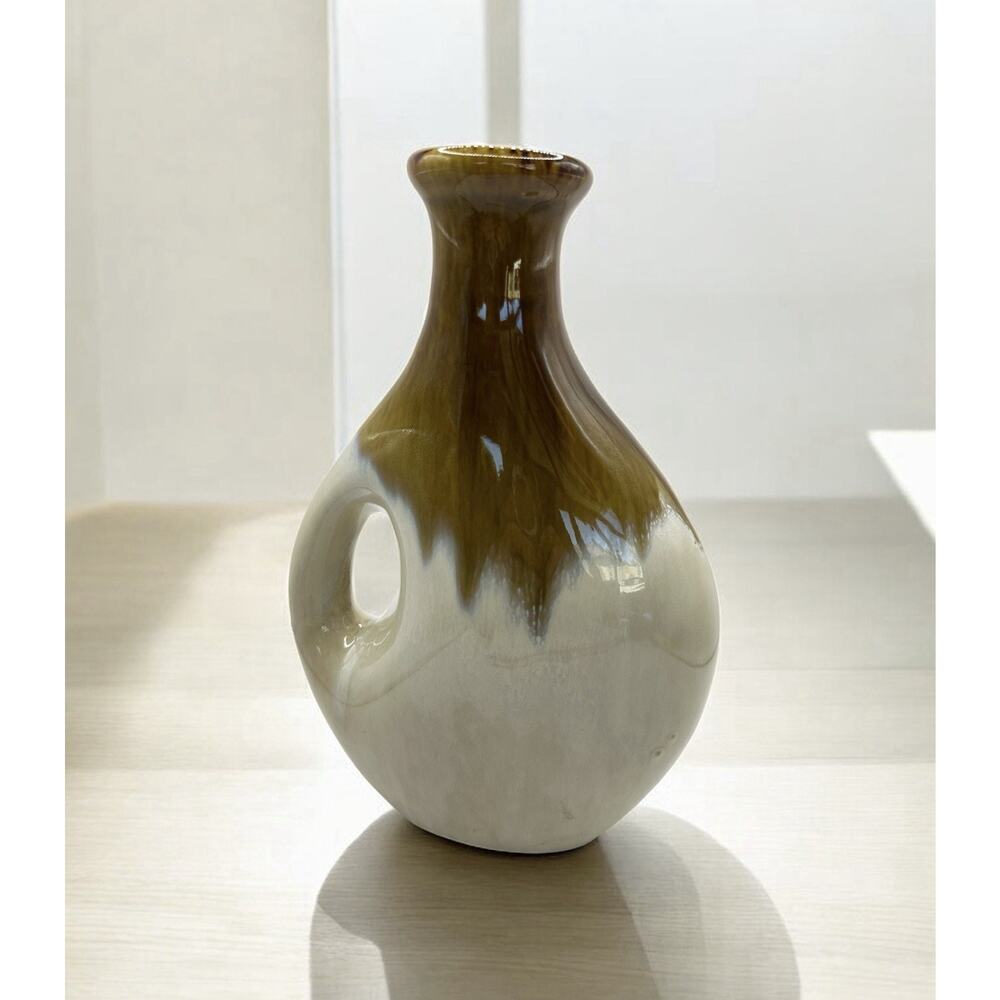 Mid Century Design Brown Drip Ceramic Vase with Handle 9.5 Inches